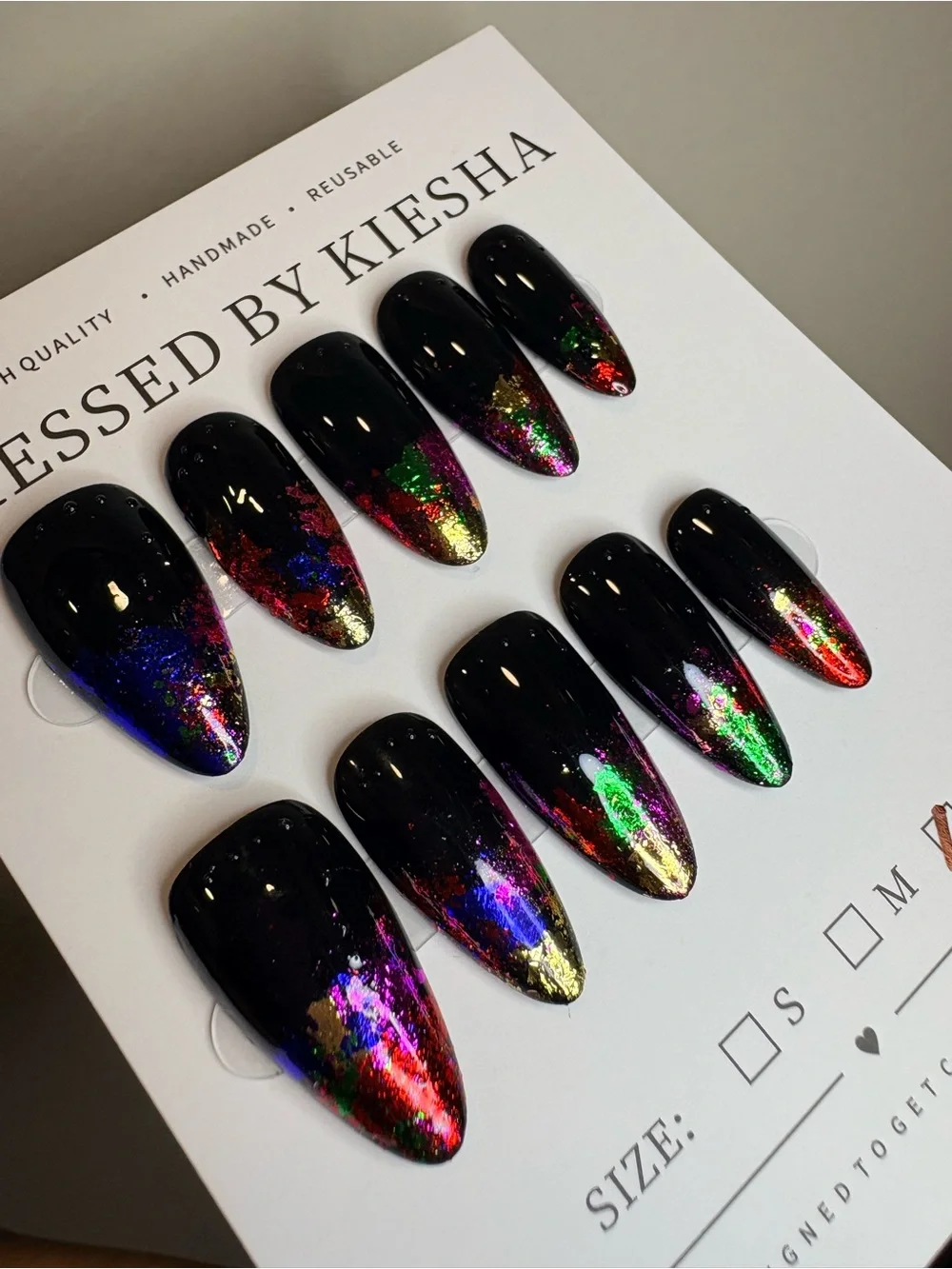 Black Press-On Nails with Multicolor Foil Tips
